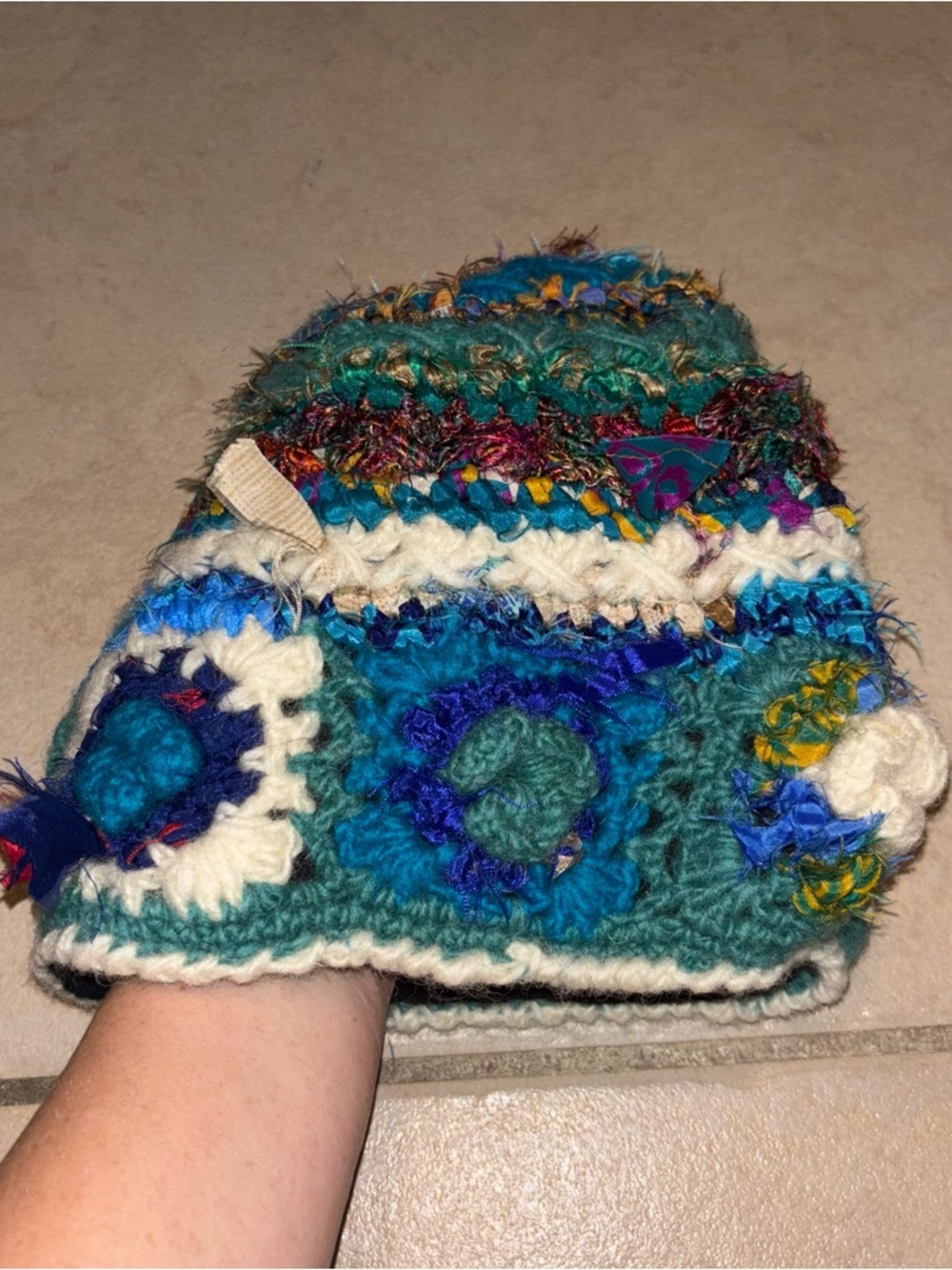 The Royal Collection Nepal Boho Hand Knit Wool & Recycled Floral Beanie